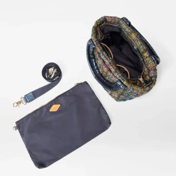 MZ WALLACE MINI METRO TOTE DELUXE Gold Multi Tweed with Metallic Blue Trim NWT - Picture 3 of 9